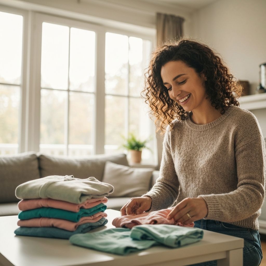Mom sorting through children's clothes